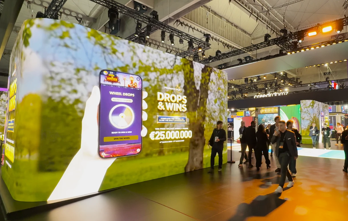 Pragmatic Play Booth at ICE Barcelona 2026 with dual LED screen Wheel Drops Advertising